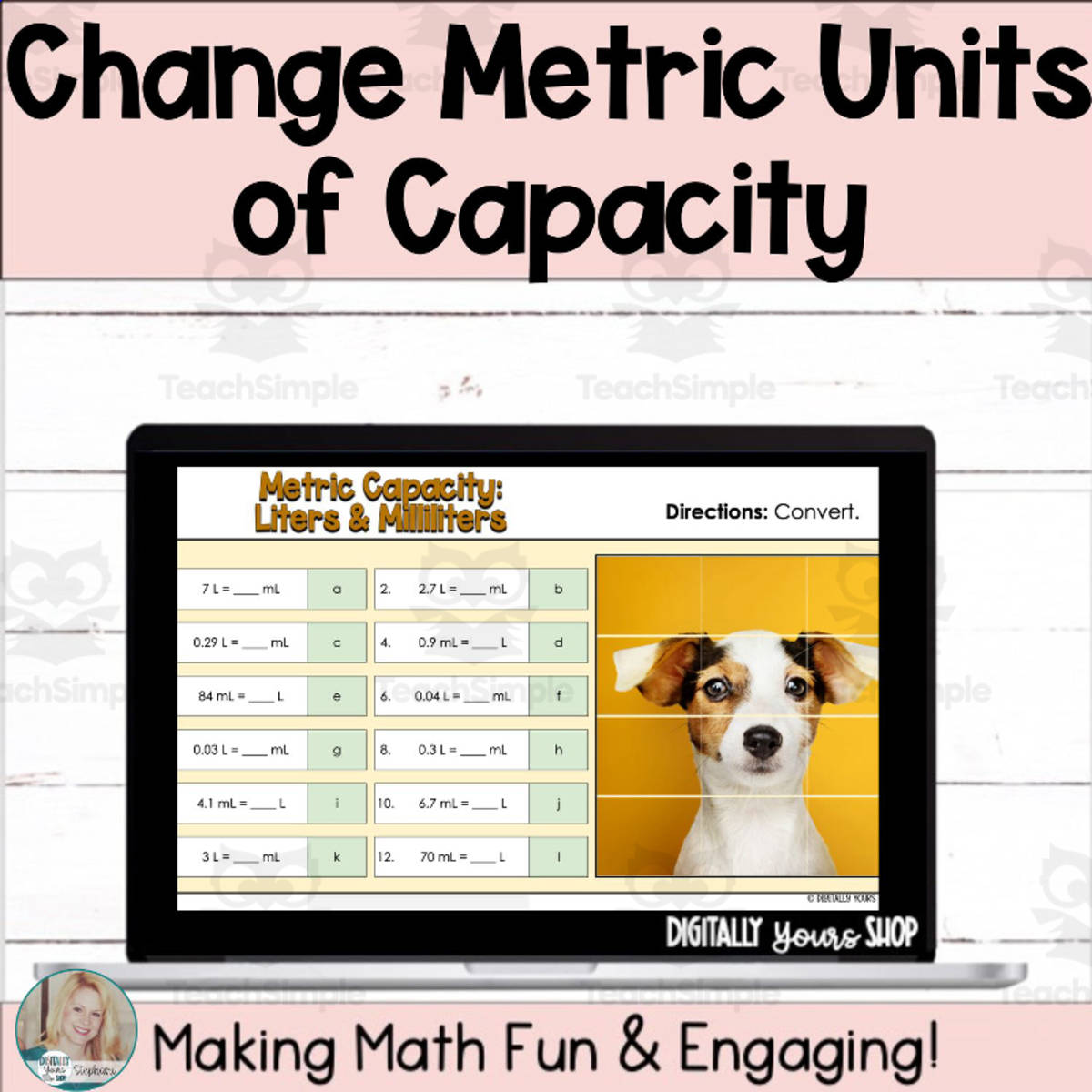 An educational teaching resource from Digitally Yours Shop entitled Change - Convert - Metric Capacity Digital Self-Checking Math Activity downloadable at Teach Simple.