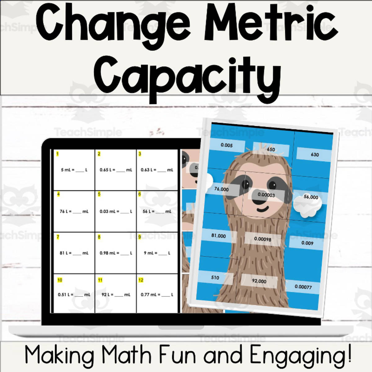 An educational teaching resource from Digitally Yours Shop entitled Change Metric Capacity Digital Self-Checking Math Activity downloadable at Teach Simple.