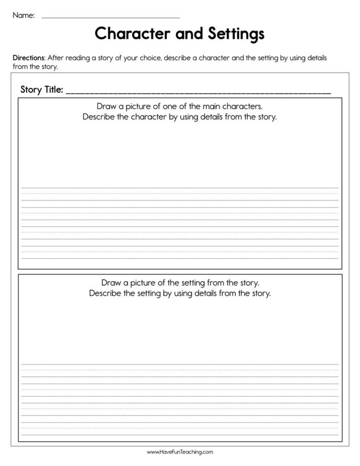 An educational teaching resource from Have Fun Teaching entitled Character and Settings Worksheet downloadable at Teach Simple.