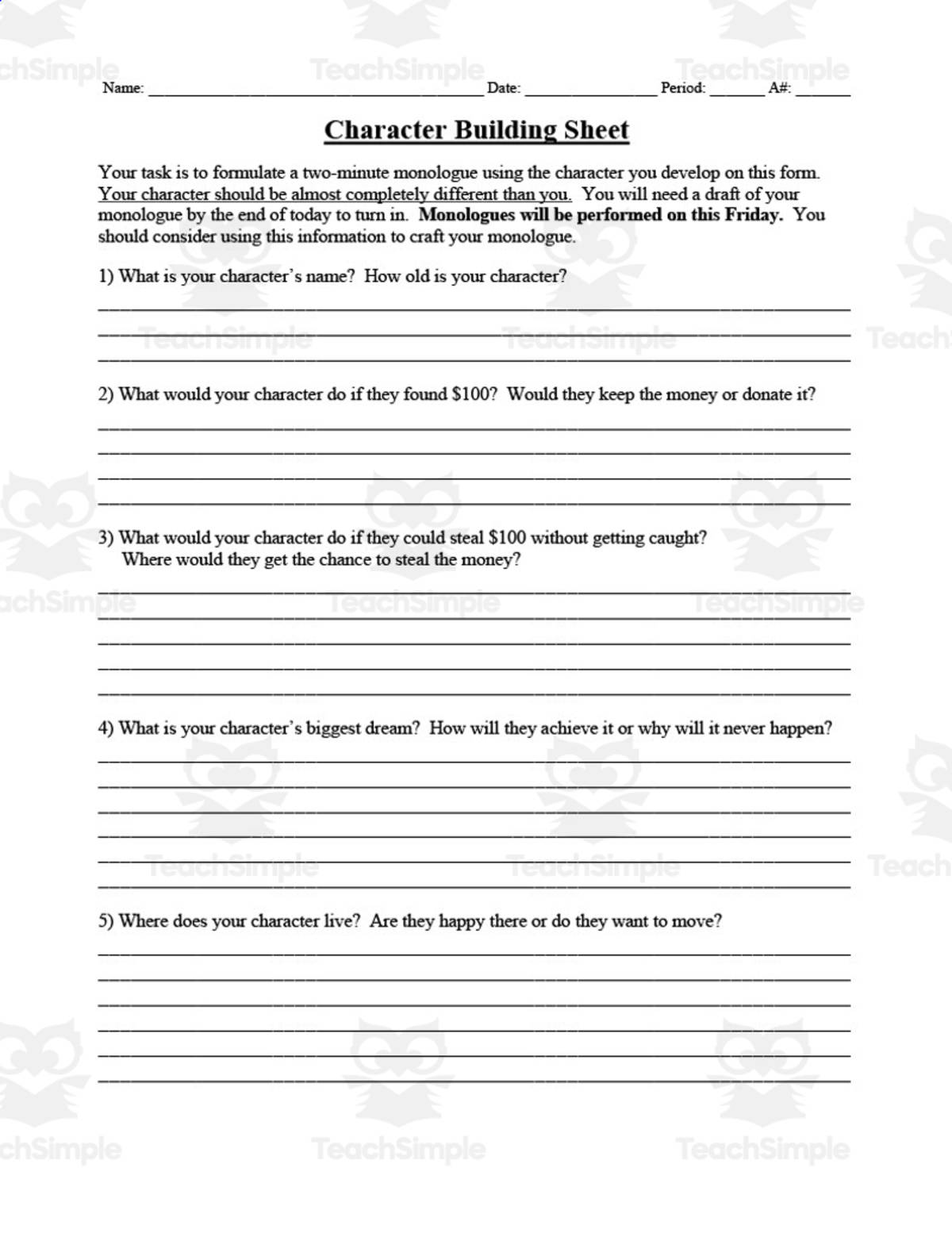 An educational teaching resource from DrDrew entitled Character Building Sheet downloadable at Teach Simple.