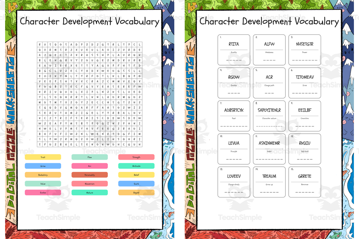 An educational teaching resource from Lapiiin Art Activities entitled Character Development Vocabulary word search, scramble and crossword p downloadable at Teach Simple.