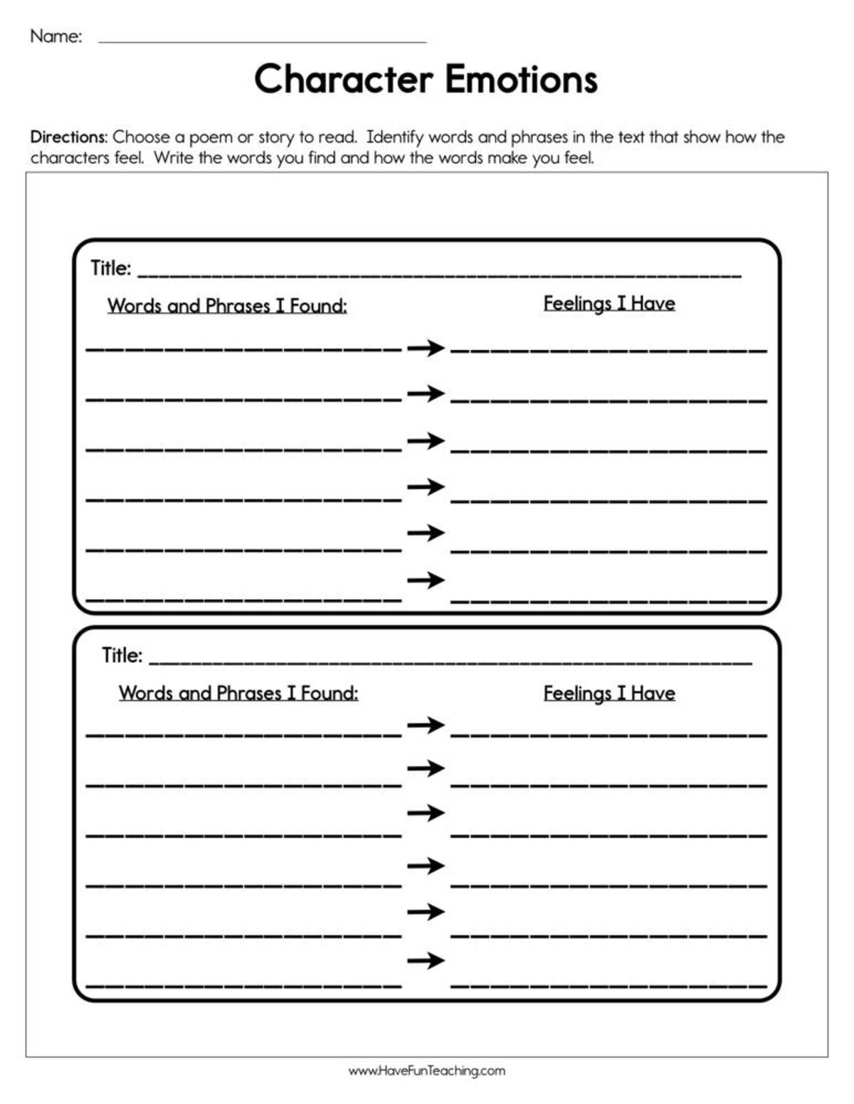 An educational teaching resource from Have Fun Teaching entitled Character Emotions Worksheet downloadable at Teach Simple.