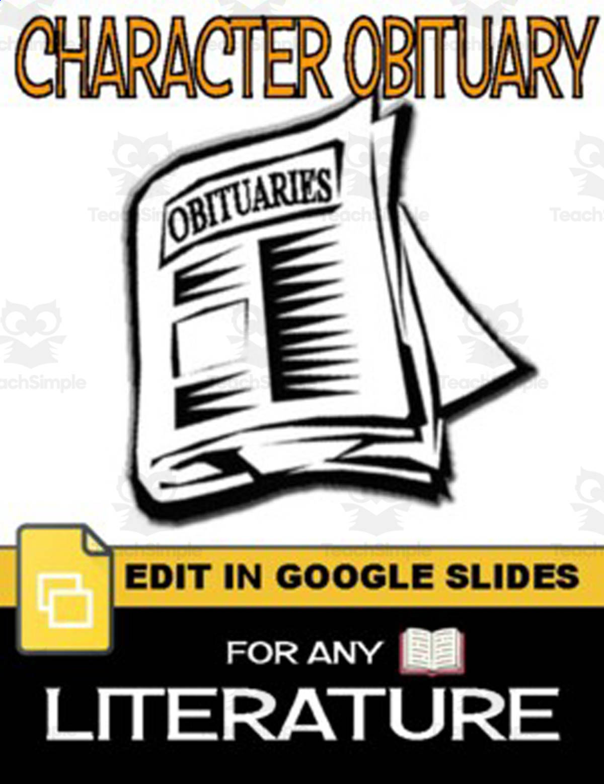 An educational teaching resource from Roombop entitled Character Obituary - For Any Literature (Editable in Google Slides) downloadable at Teach Simple.