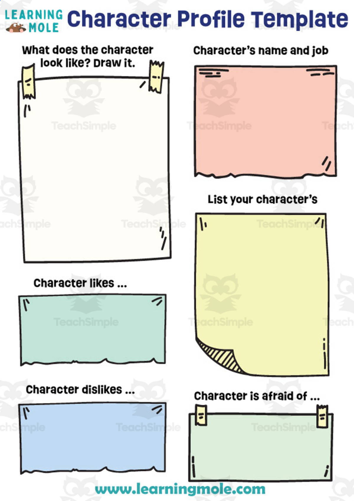 An educational teaching resource from Educational Voice entitled Character Profile Template Activity downloadable at Teach Simple.