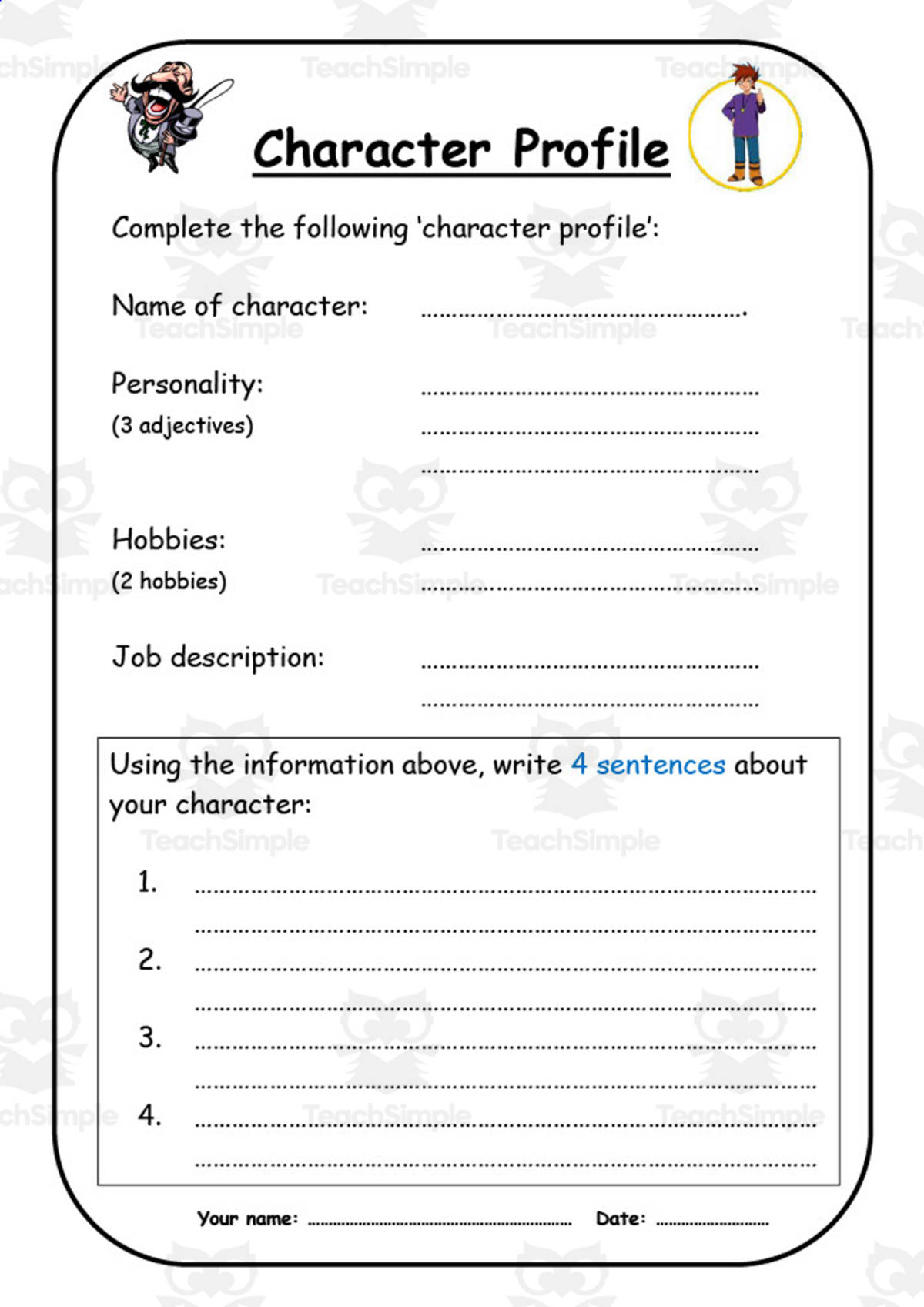 An educational teaching resource from Elementary Resources 4 U entitled Character Profile Worksheet downloadable at Teach Simple.