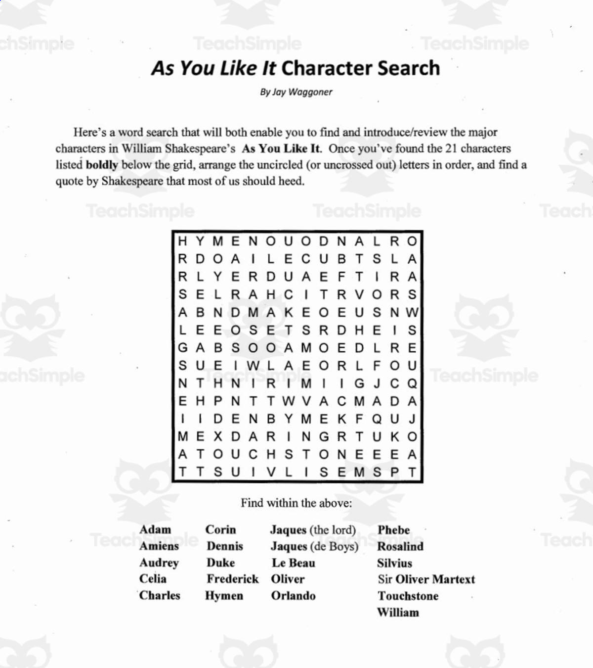 An educational teaching resource from Jay Waggoner entitled Character Search As You Like It downloadable at Teach Simple.