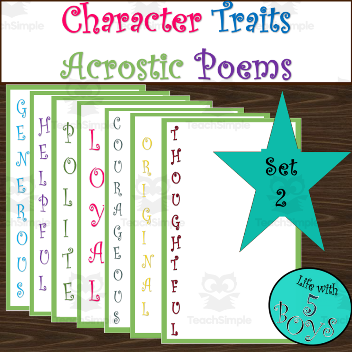 An educational teaching resource from Life with 5 Boys entitled Character Traits Acrostic Poems Set 2 downloadable at Teach Simple.