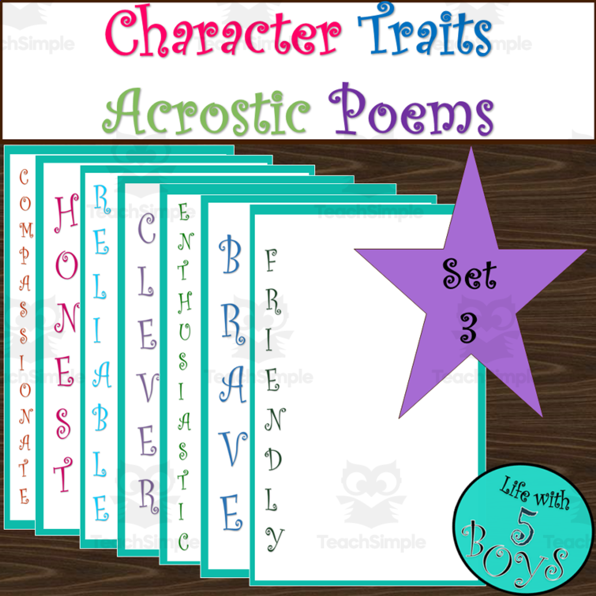 An educational teaching resource from Life with 5 Boys entitled Character Traits Acrostic Poems Set 3 downloadable at Teach Simple.