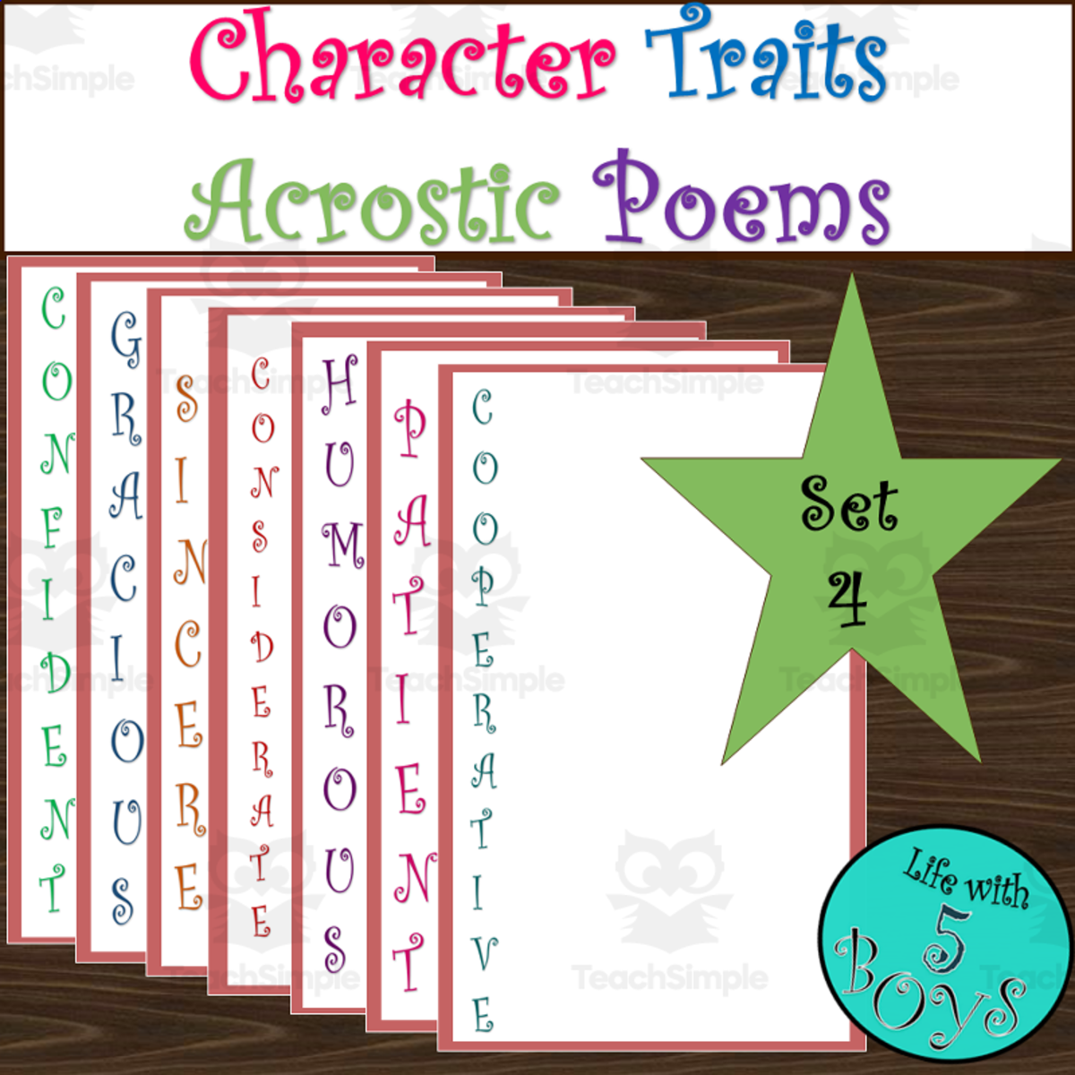 An educational teaching resource from Life with 5 Boys entitled Character Traits Acrostic Poems Set 4 downloadable at Teach Simple.