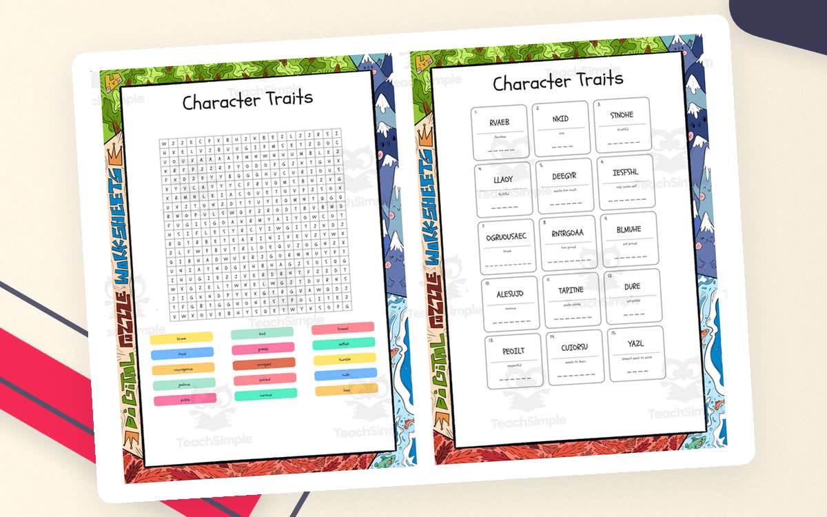 An educational teaching resource from Lapiiin Art Activities entitled Character Traits word search, scramble and crossword puzzle downloadable at Teach Simple.