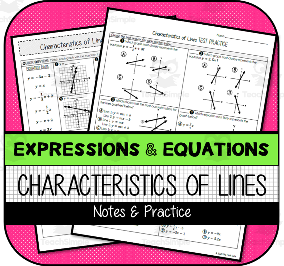 An educational teaching resource from The Math Cafe entitled Characteristics of Lines NOTES & PRACTICE downloadable at Teach Simple.