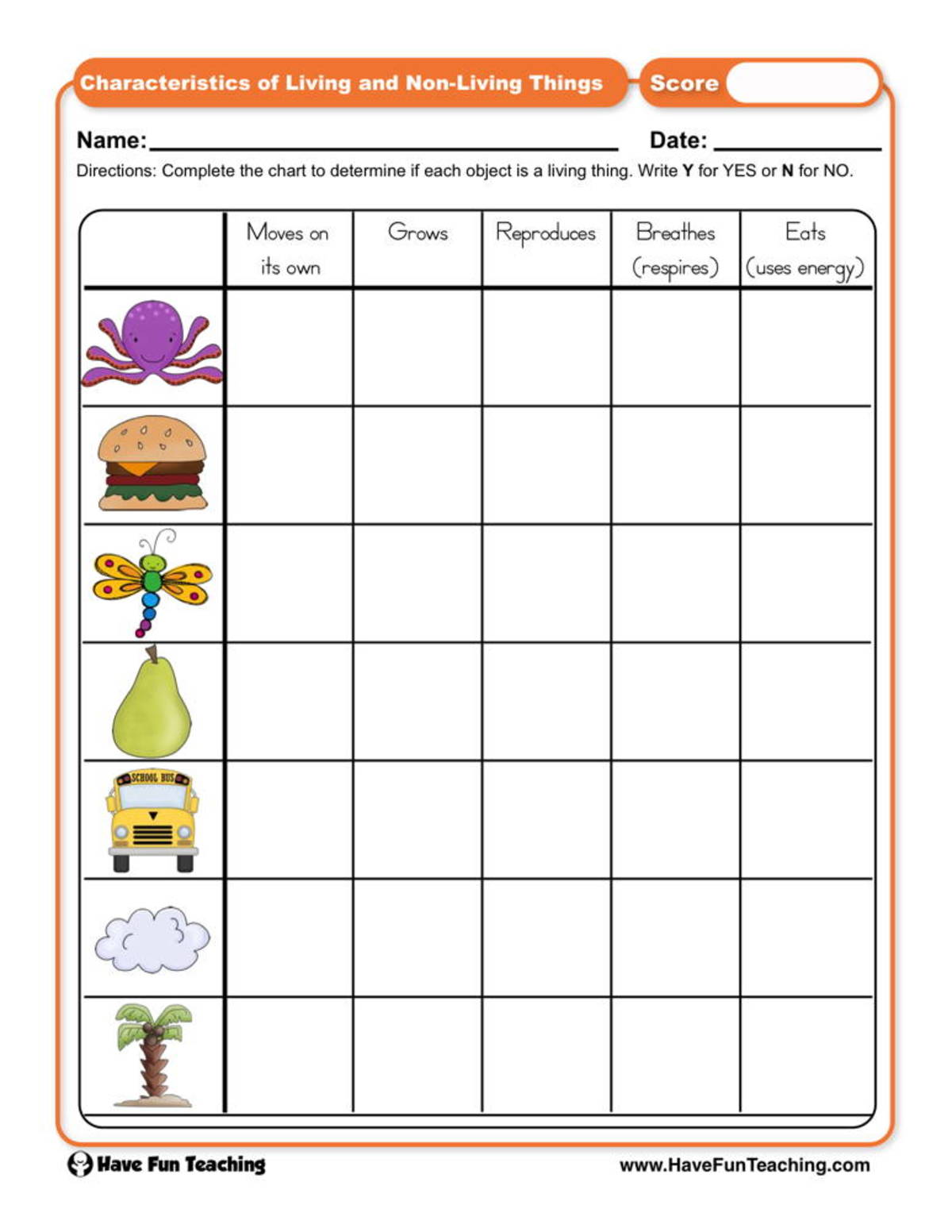 An educational teaching resource from Have Fun Teaching entitled Characteristics of Living and Non-Living Things Worksheet downloadable at Teach Simple.