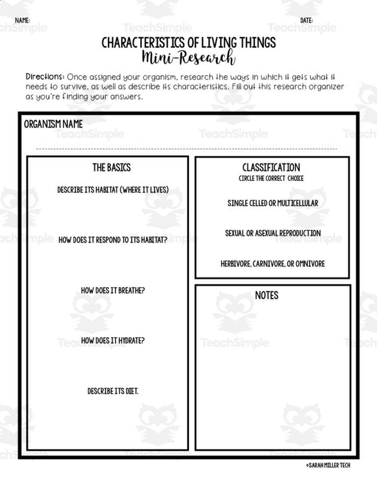 An educational teaching resource from Sarah Miller Tech entitled Characteristics of Living Things Mini Research downloadable at Teach Simple.