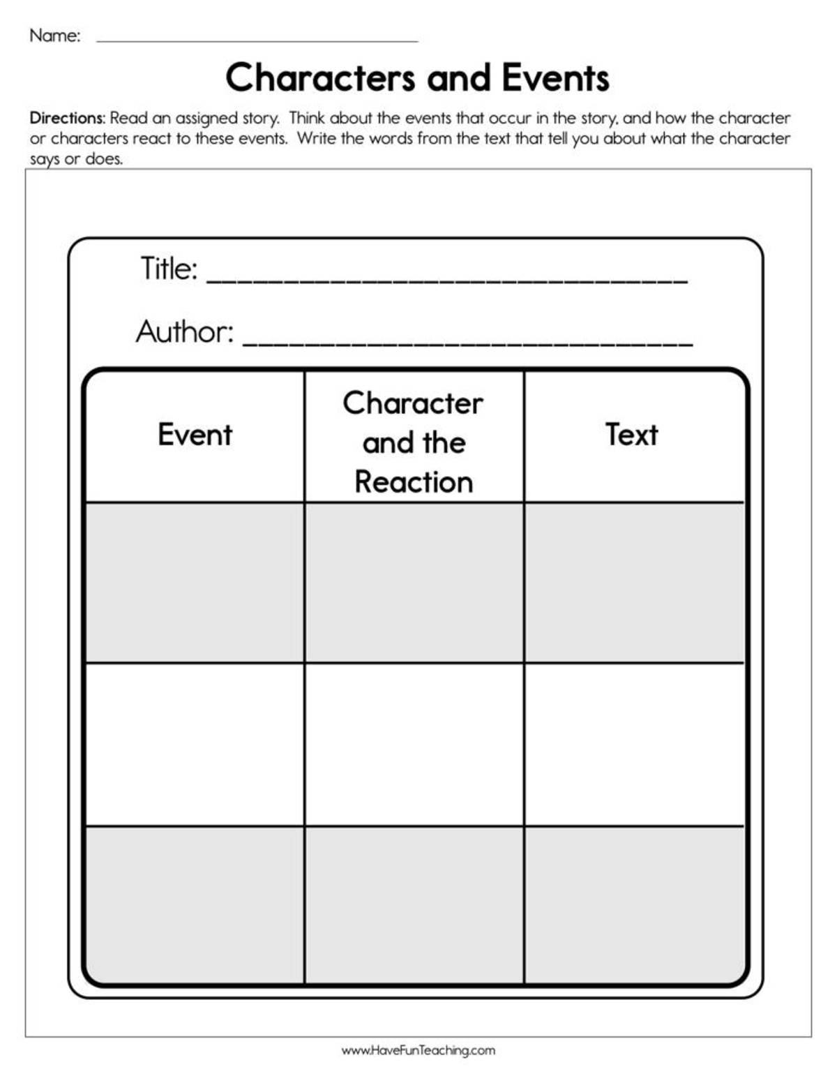 An educational teaching resource from Have Fun Teaching entitled Characters and Events Worksheet downloadable at Teach Simple.