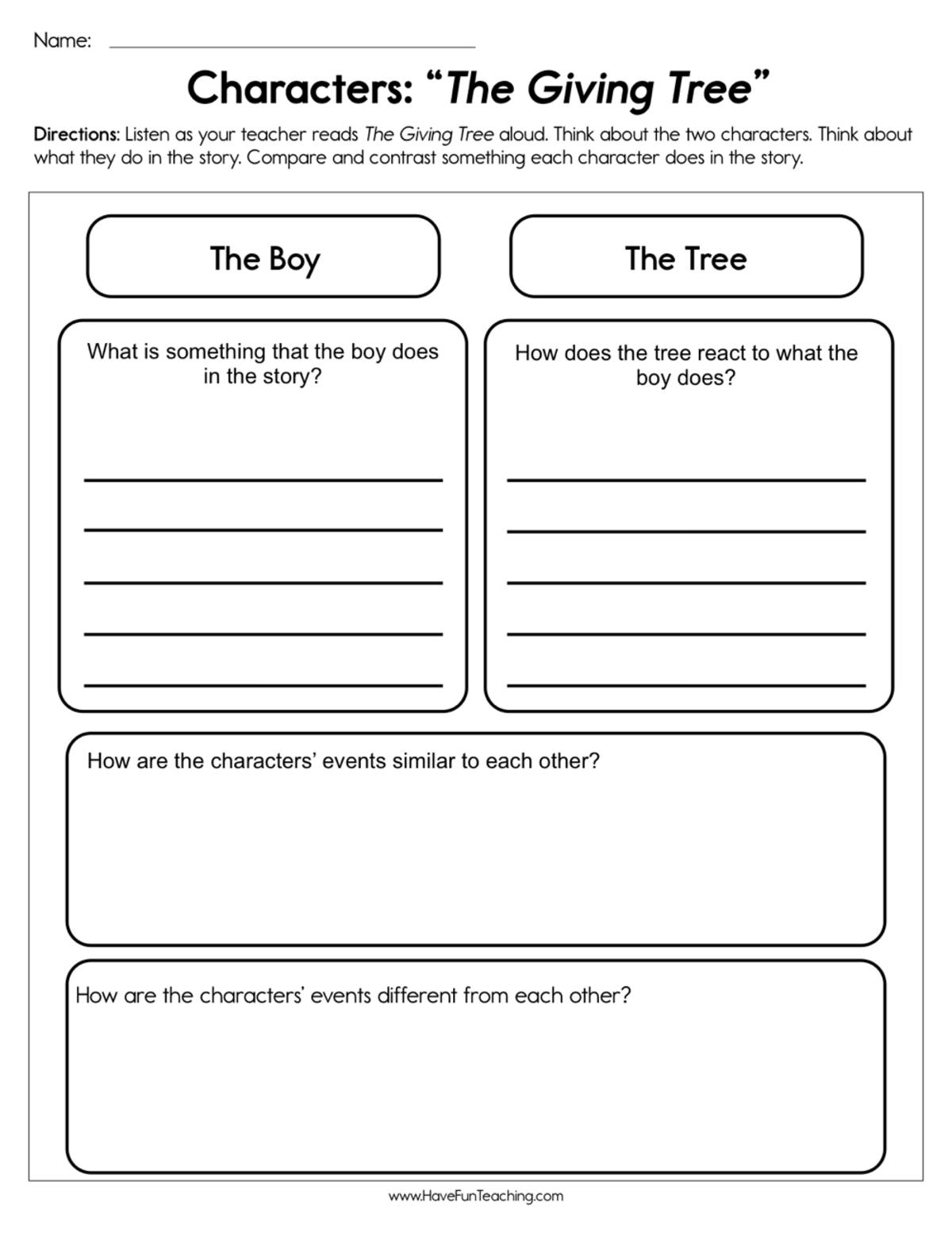 An educational teaching resource from Have Fun Teaching entitled Characters The Giving Tree Worksheet downloadable at Teach Simple.