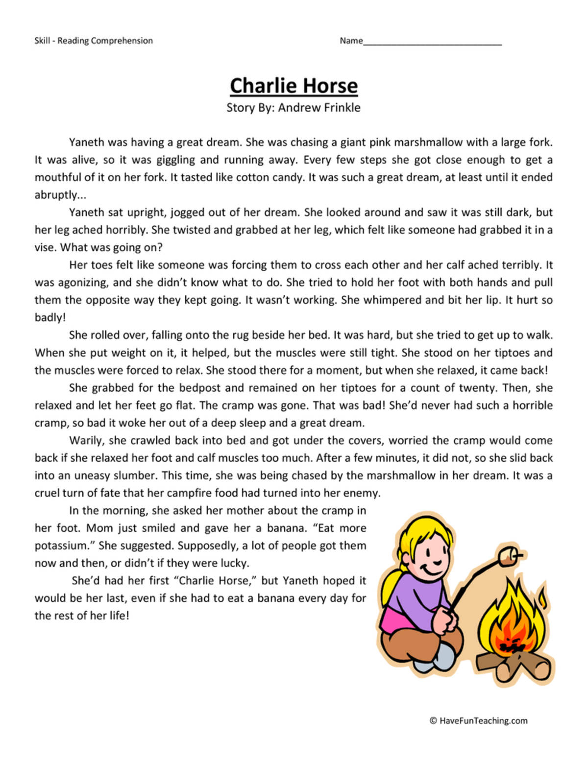 An educational teaching resource from Have Fun Teaching entitled Charlie Horse - Reading Comprehension Worksheet downloadable at Teach Simple.