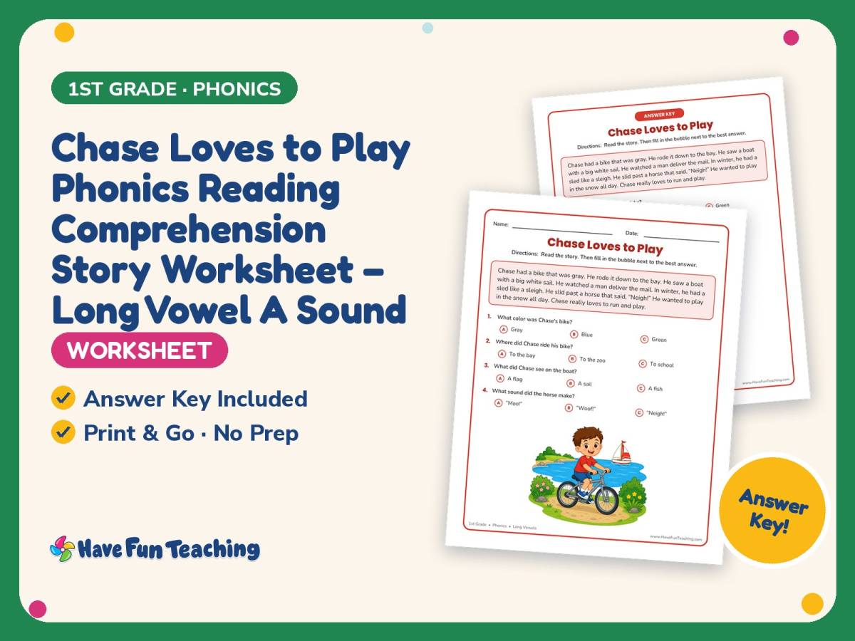 Chase Loves to Play Phonics Reading Worksheet – 1st Grade Long Vowels preview