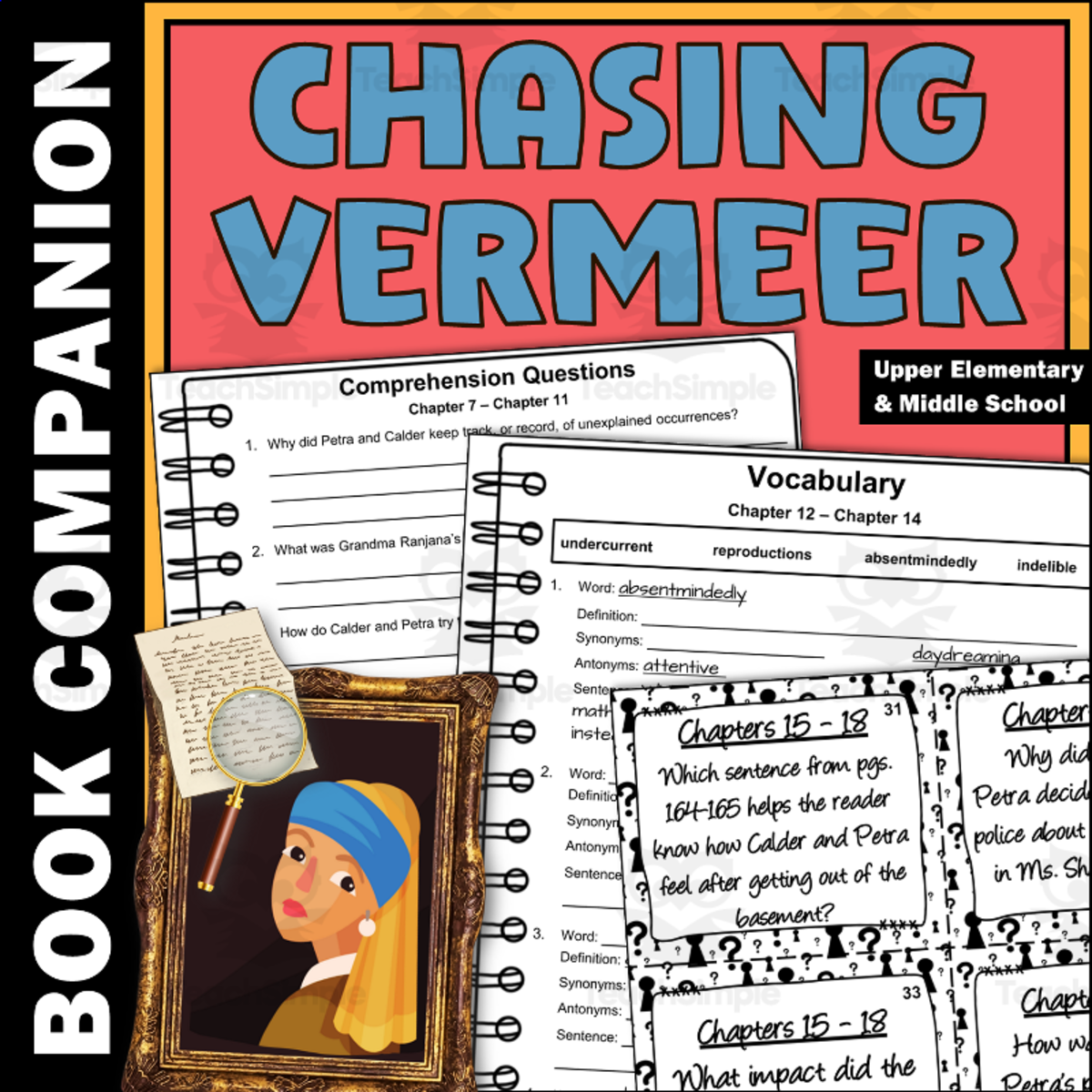 An educational teaching resource from Creatively Gifted entitled Chasing Vermeer Reader Response Comprehension Questions and Vocabulary downloadable at Teach Simple.