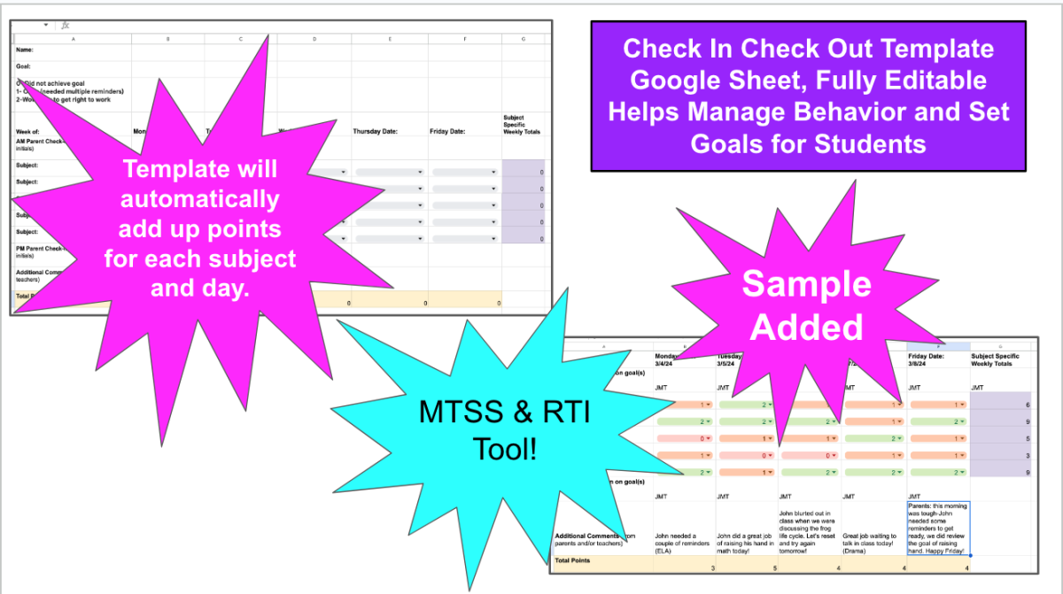 An educational teaching resource from Jennifer Moyer Taylor entitled Check In Check Out Template (For Behavior Management, RTI, MTSS) downloadable at Teach Simple.