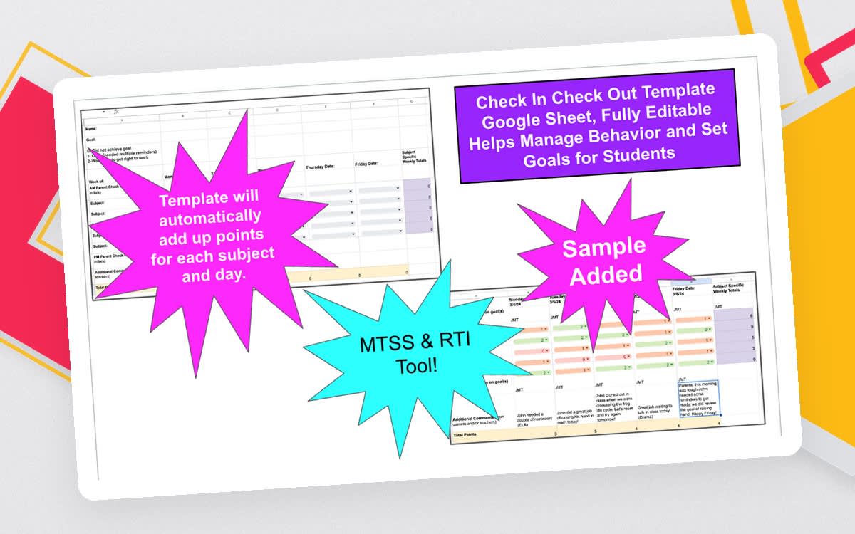 An educational teaching resource from Jennifer Moyer Taylor entitled Check In Check Out Template (For Behaviour Management, RTI, MTSS) downloadable at Teach Simple.