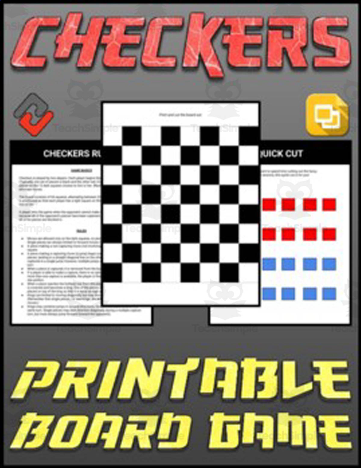An educational teaching resource from Roombop entitled Checkers Printable Board Game (Editable Google Slides) downloadable at Teach Simple.