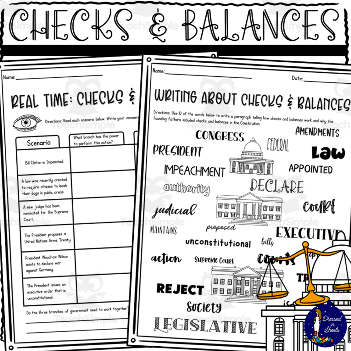 An educational teaching resource from Soumara Siddiqui entitled Checks and Balances Worksheets downloadable at Teach Simple.