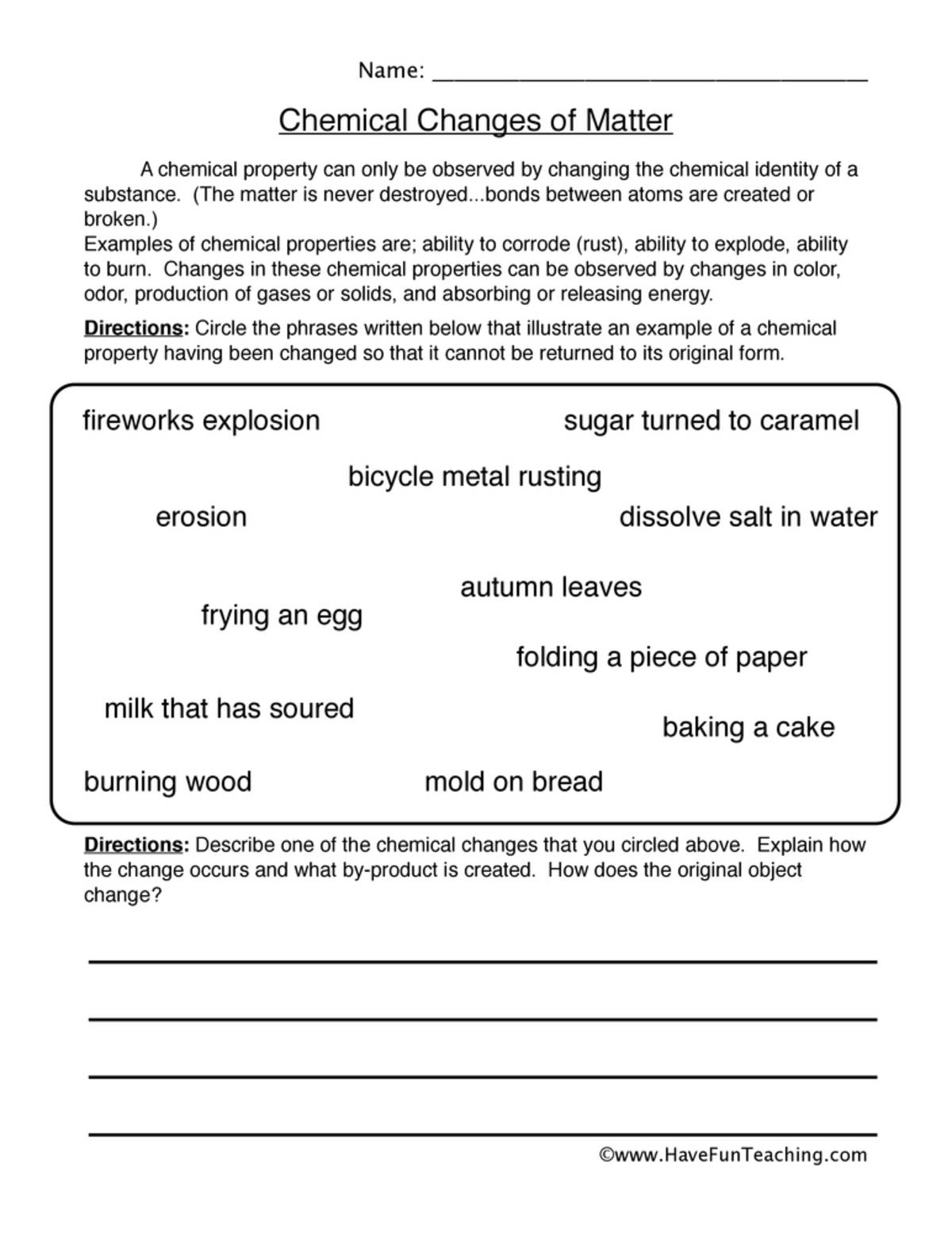 An educational teaching resource from Have Fun Teaching entitled Chemical Changes Matter Worksheet downloadable at Teach Simple.
