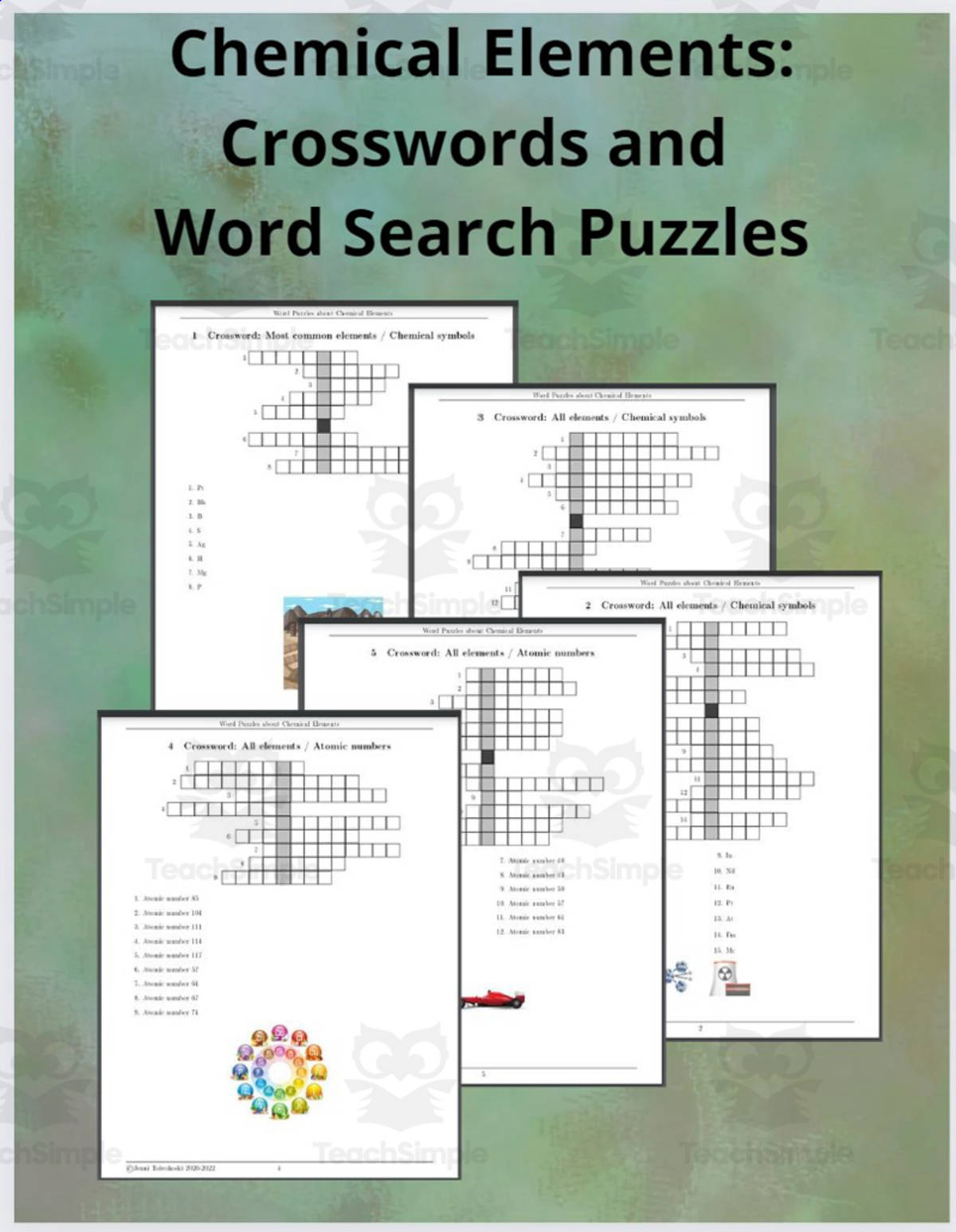 An educational teaching resource from TheBrightestKid entitled Chemical Elements: Crosswords and Word Search Puzzles downloadable at Teach Simple.