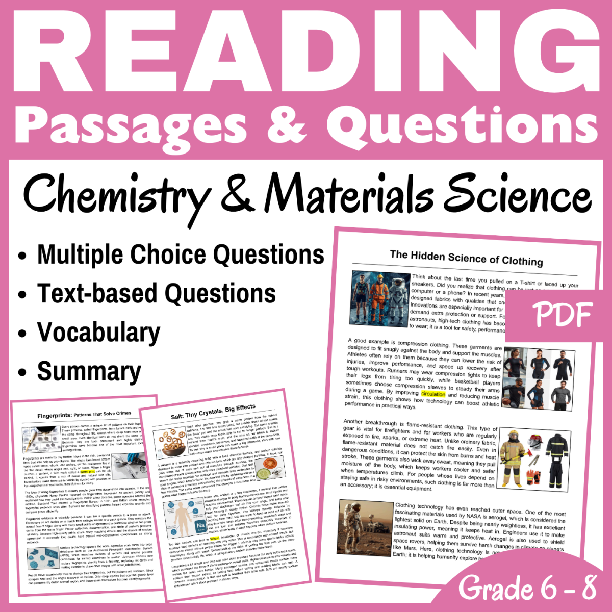 An educational teaching resource from CORED Education - Middle & High School entitled Chemistry & Materials Science: Reading Comprehension Passages (PDF) downloadable at Teach Simple.