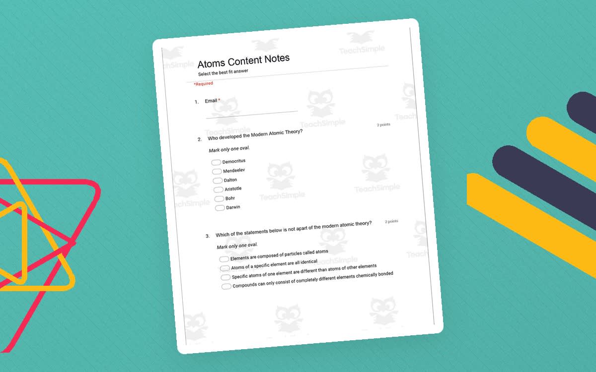 An educational teaching resource from Schrim's Chem entitled Chemistry: Atom Test - Google Form downloadable at Teach Simple.