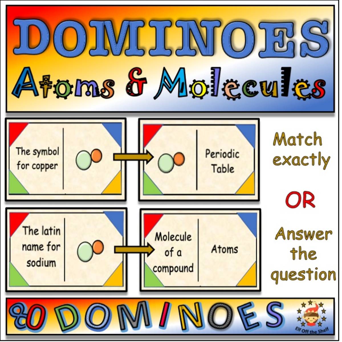 An educational teaching resource from Elf off the Shelf Resources entitled Chemistry - Atoms and Molecules Dominoes downloadable at Teach Simple.