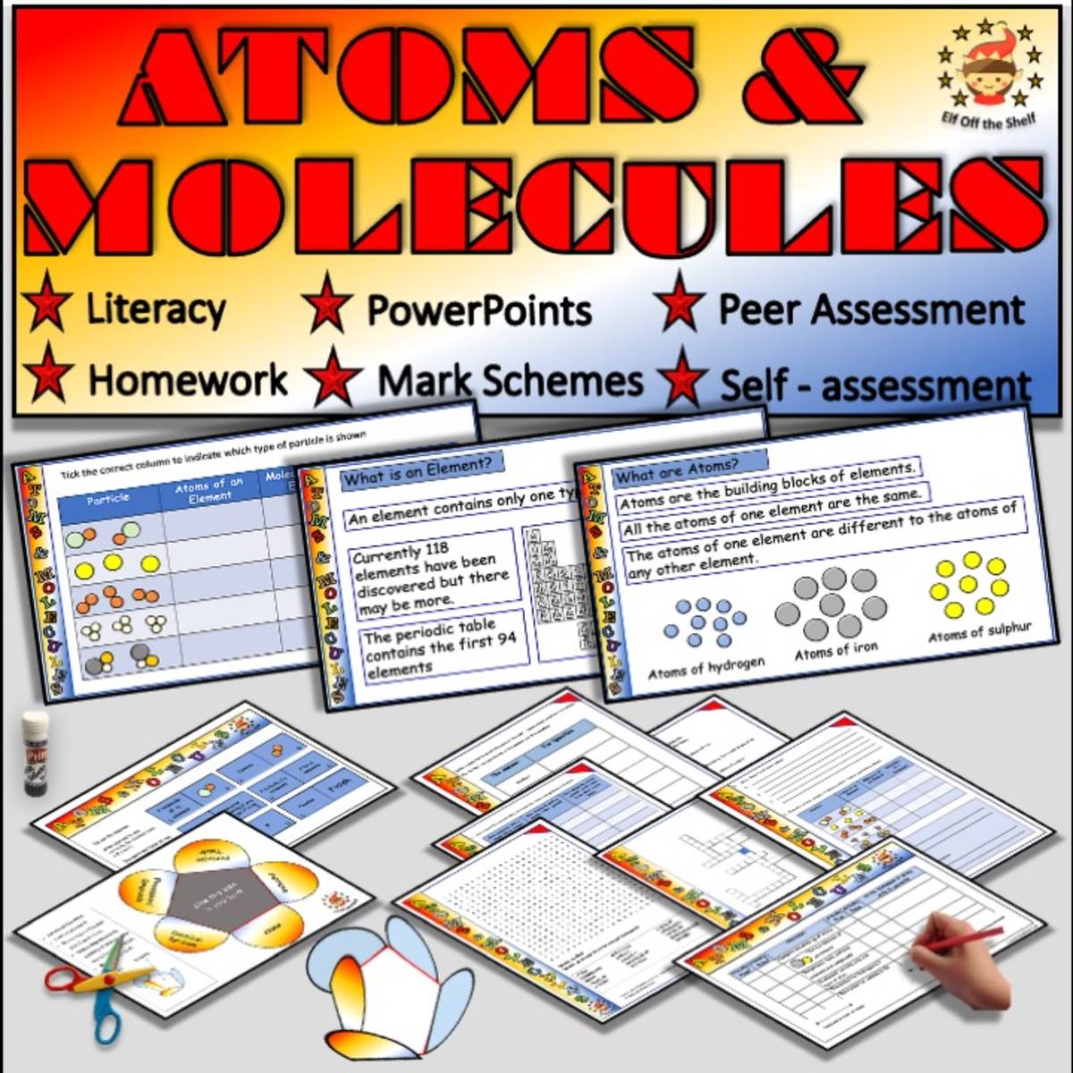 An educational teaching resource from Elf off the Shelf Resources entitled Chemistry - Atoms and Molecules Fully Resourced Lesson downloadable at Teach Simple.