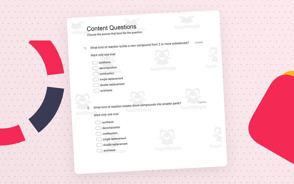 An educational teaching resource from Schrim's Chem entitled Chemistry: Balance Equations and Reaction Types Test - Print and Google Forms downloadable at Teach Simple.