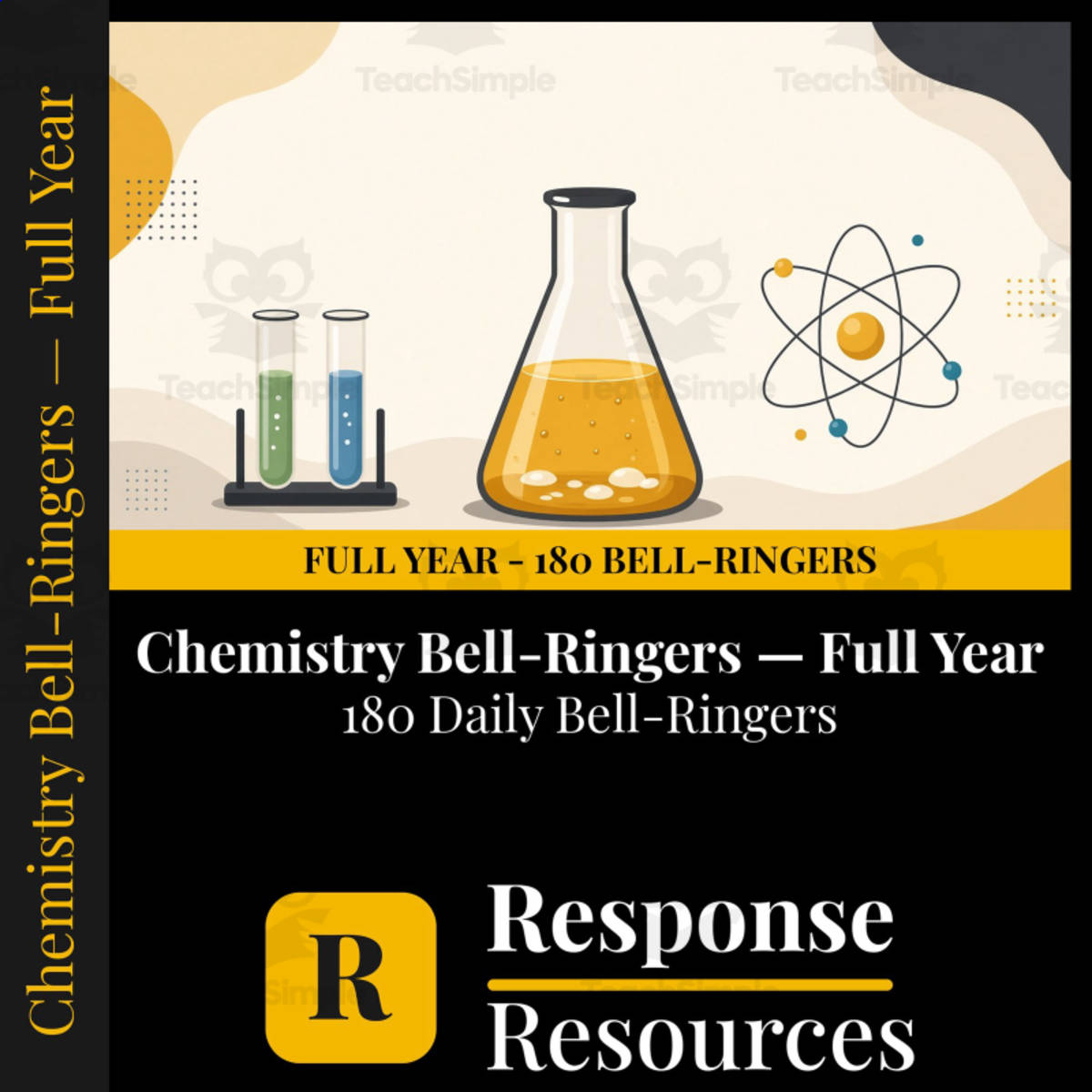 An educational teaching resource from Response Resources entitled Chemistry Bell Ringers FULL YEAR - 180 Daily Warm-Ups (Grades 9-12) downloadable at Teach Simple.