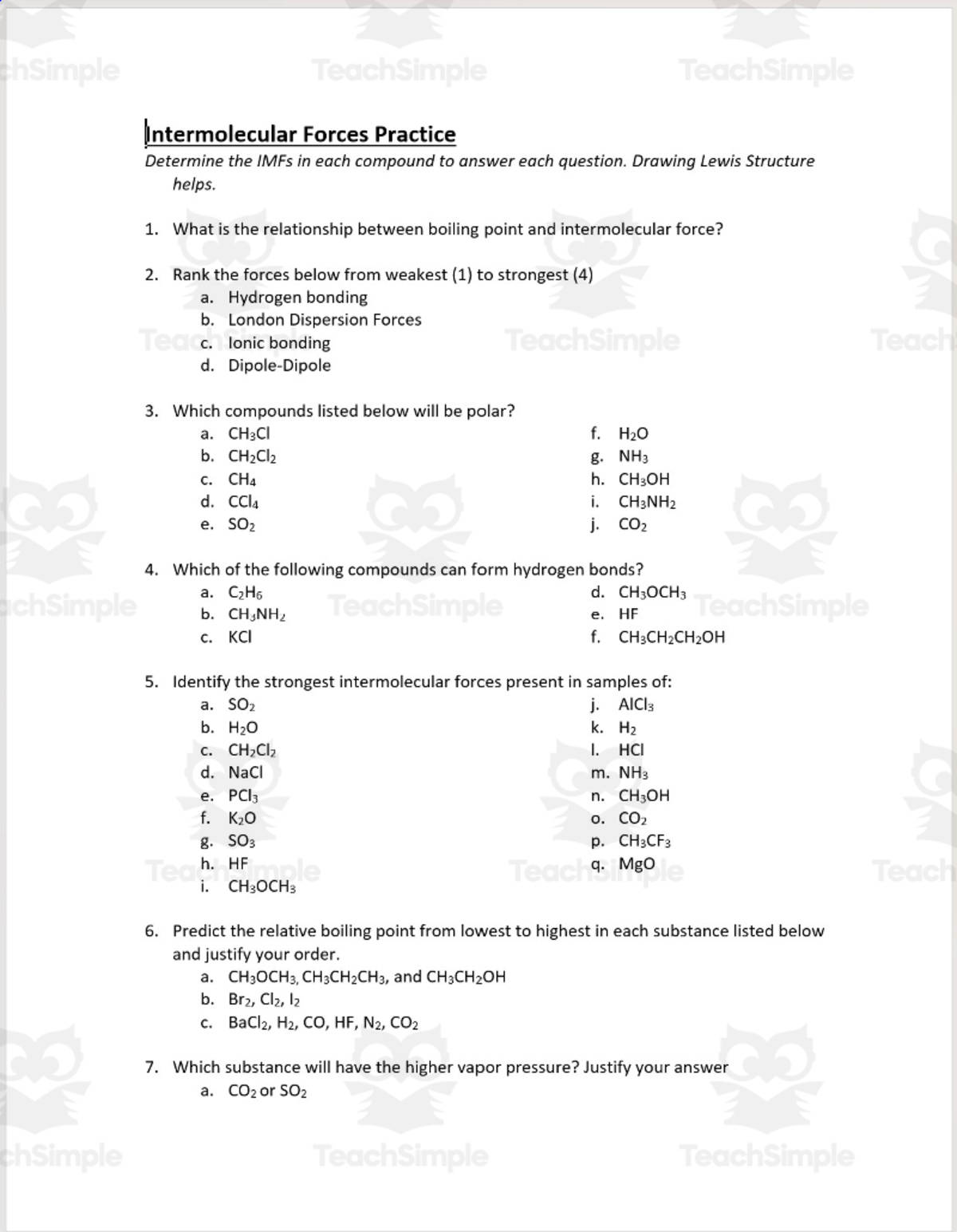 An educational teaching resource from Schrim's Chem entitled Chemistry: Intermolecular Forces - Practice downloadable at Teach Simple.