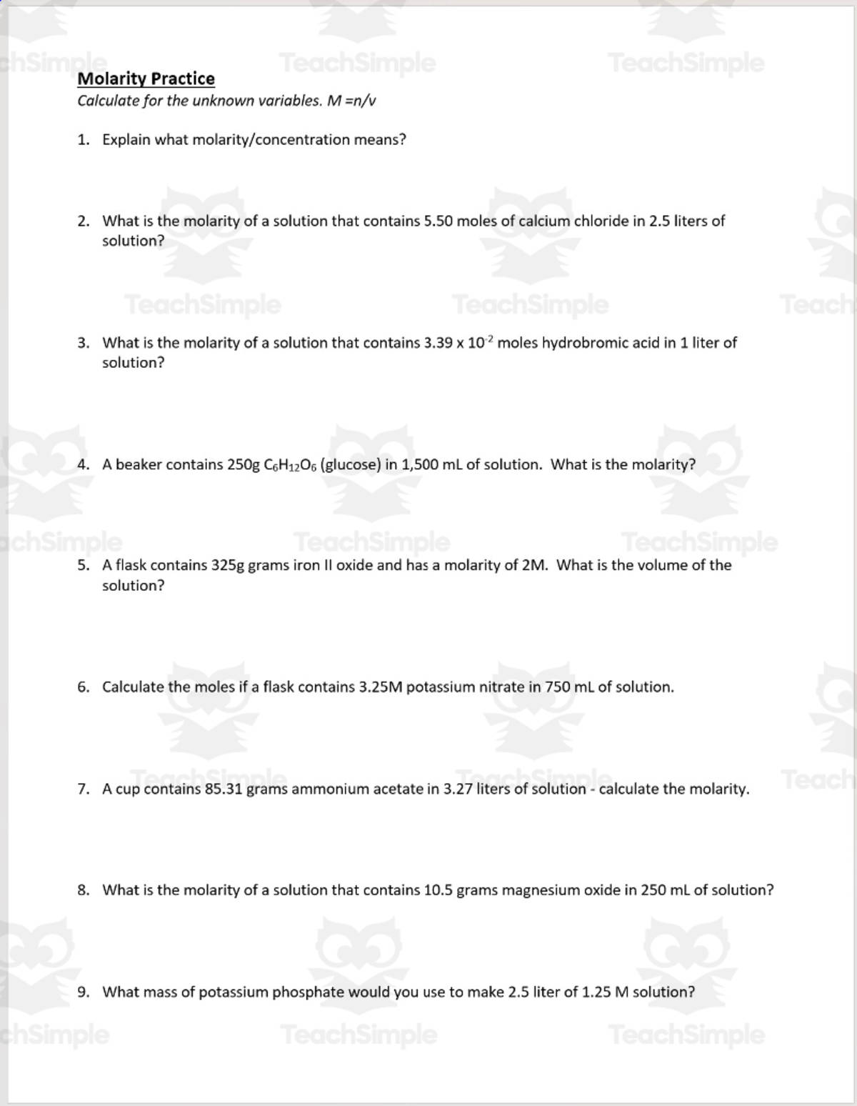 An educational teaching resource from Schrim's Chem entitled Chemistry Molarity Practice – Solve for Variables downloadable at Teach Simple.