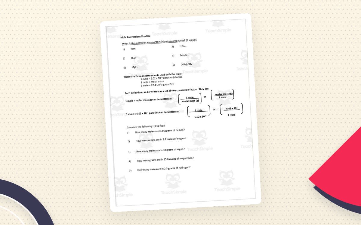An educational teaching resource from Schrim's Chem entitled Chemistry Mole Conversion – 16-Problem Practice downloadable at Teach Simple.