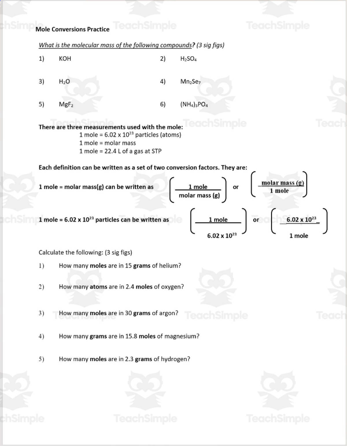 An educational teaching resource from Schrim's Chem entitled Chemistry Mole Conversion – 16-Problem Practice downloadable at Teach Simple.