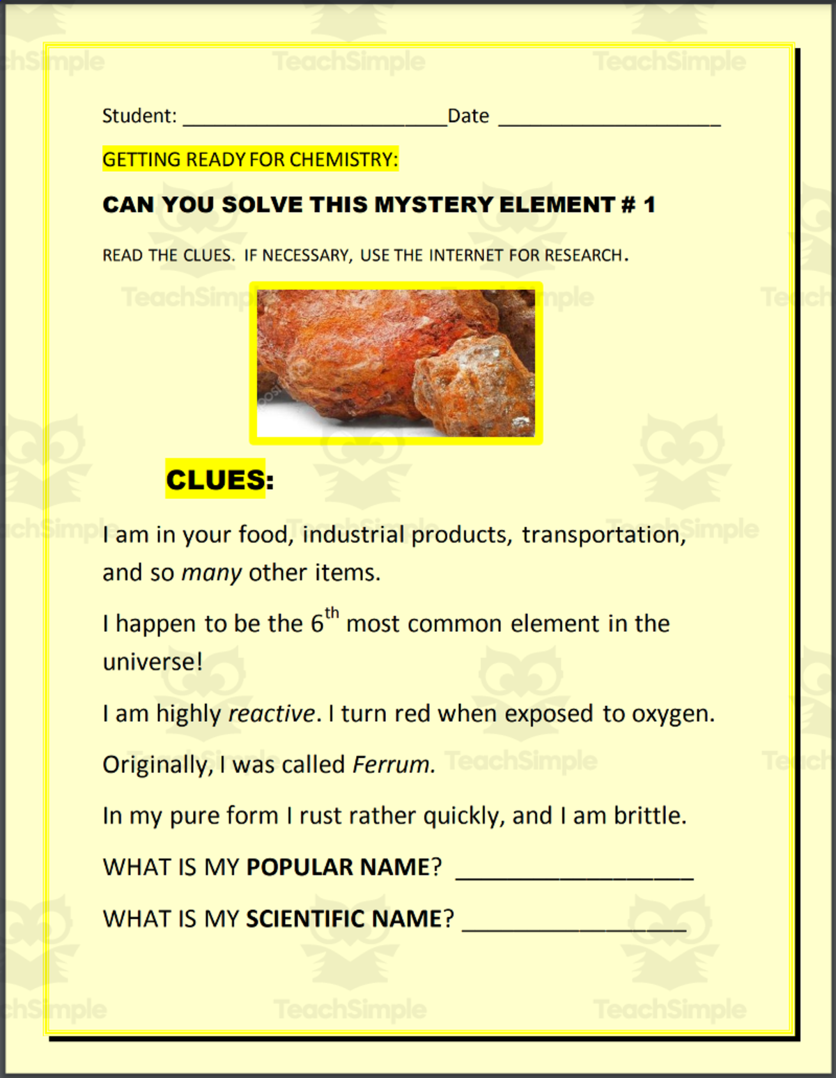 An educational teaching resource from THE LANTERN OF KNOWLEDGE entitled Chemistry: Mystery Element #1 downloadable at Teach Simple.
