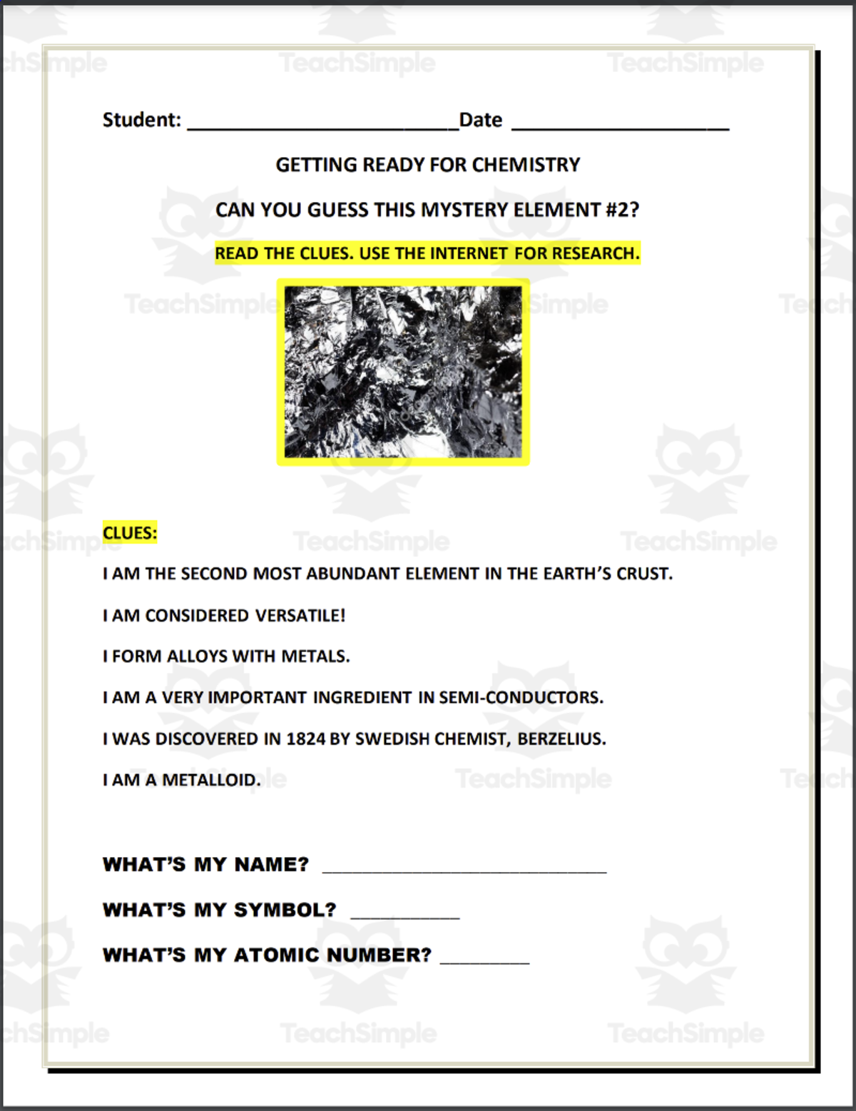 An educational teaching resource from THE LANTERN OF KNOWLEDGE entitled Chemistry: MYSTERY ELEMENT #2 downloadable at Teach Simple.