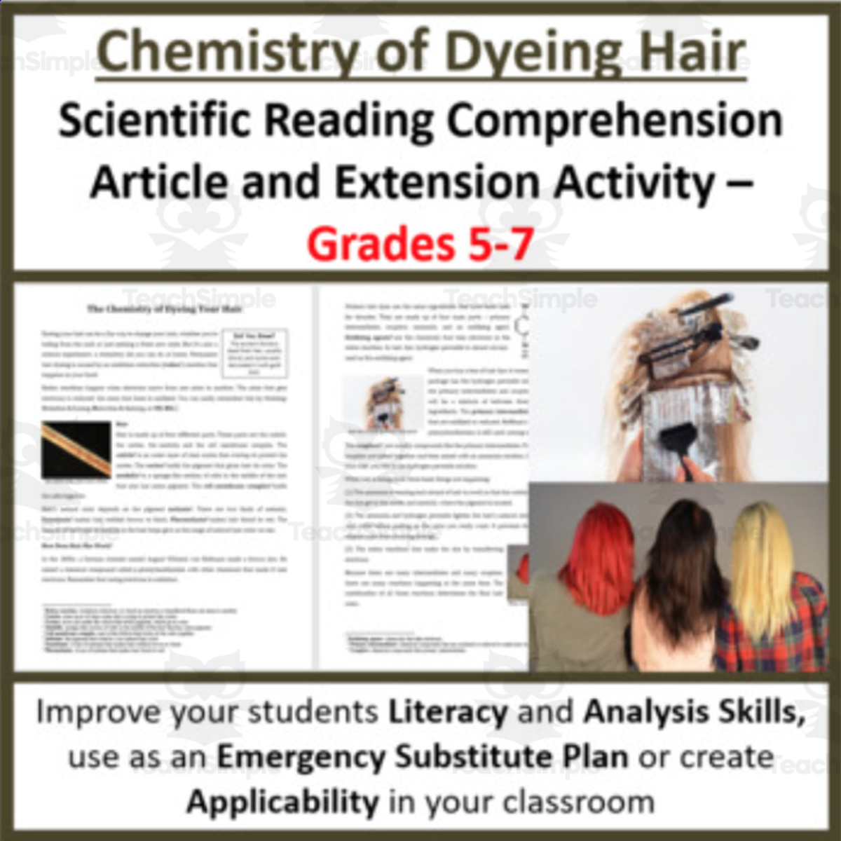 An educational teaching resource from Teach With Fergy entitled Chemistry of Dyeing Hair - Digital Science Reading Article - Grades 5-7 downloadable at Teach Simple.