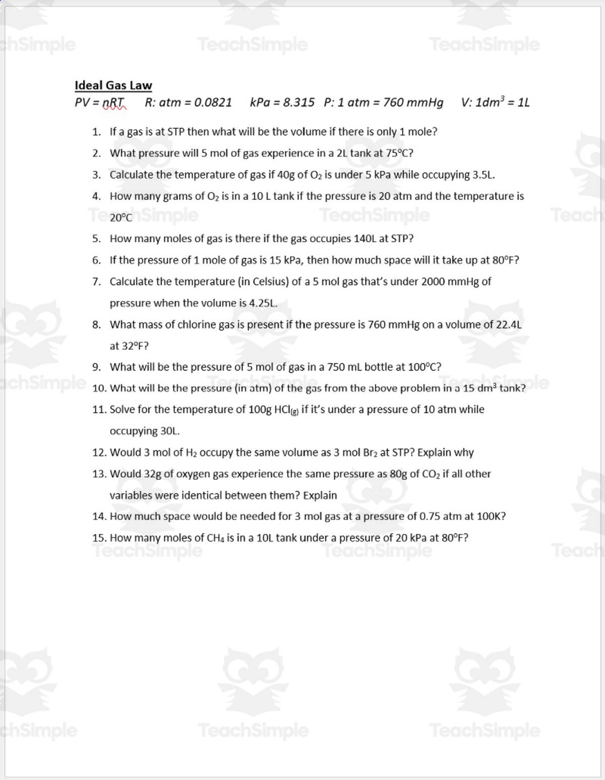 An educational teaching resource from Schrim's Chem entitled Chemistry Practice: Ideal Gas Law downloadable at Teach Simple.