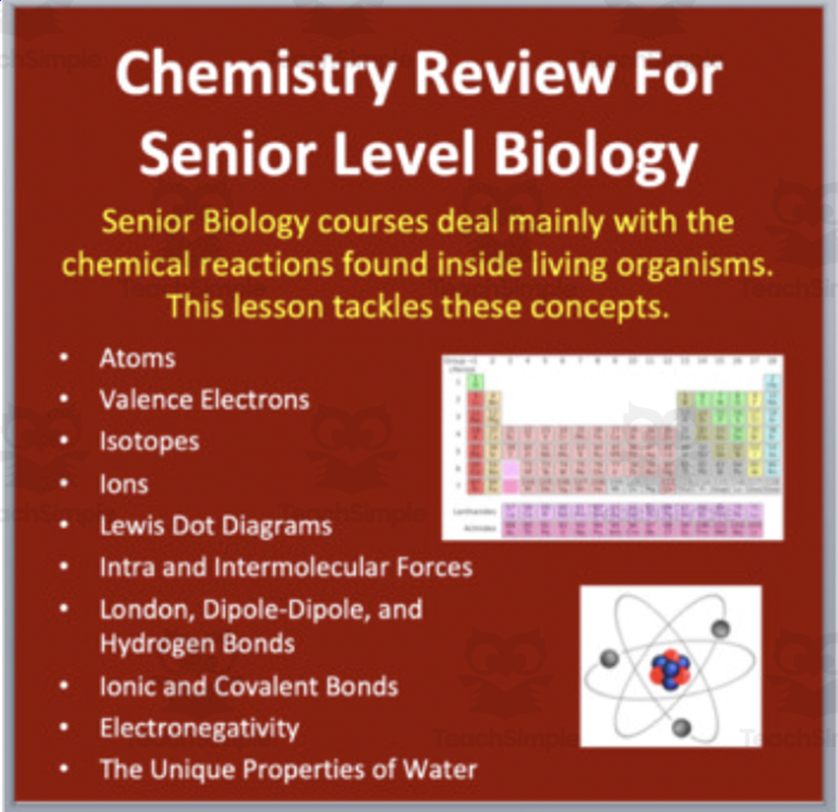 An educational teaching resource from Teach With Fergy entitled Chemistry Review for Senior Biology - Lesson Bundle downloadable at Teach Simple.
