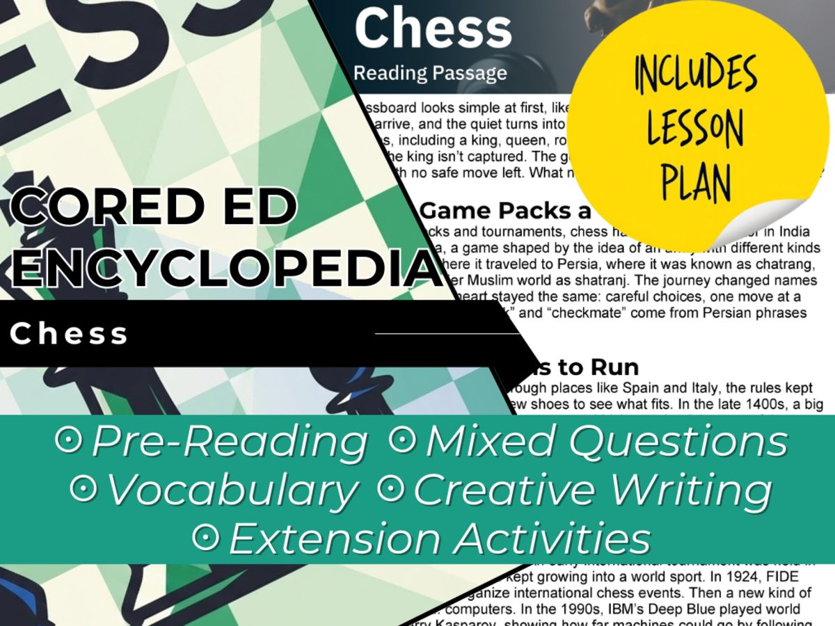 An educational teaching resource from Cored Education entitled Chess Reading Comprehension Passage - Cored Ed Encyclopedia downloadable at Teach Simple.
