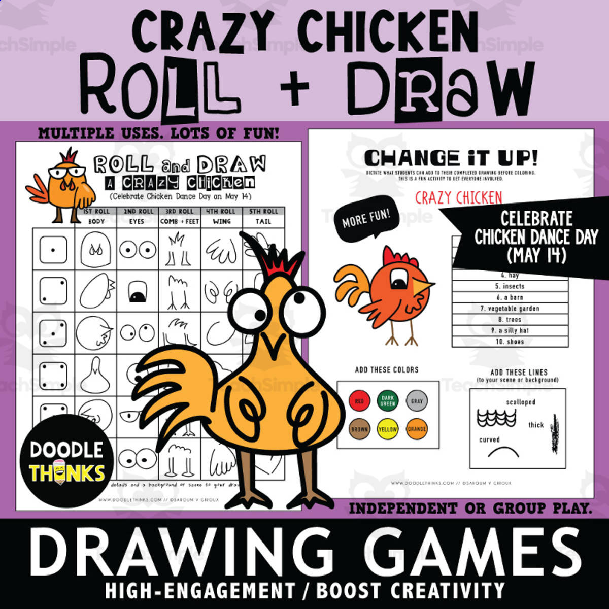 An educational teaching resource from Doodle Thinks entitled Chicken Roll and Draw Games | Chicken Dance Day May Art Activity downloadable at Teach Simple.