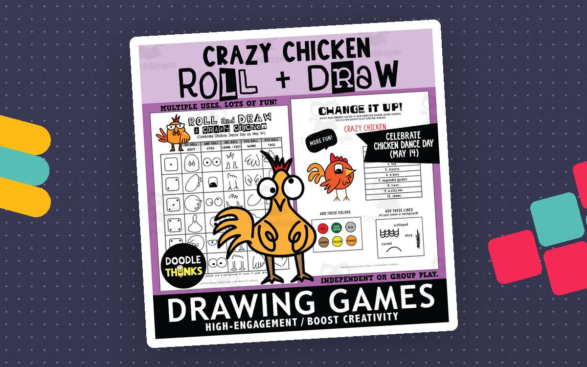 An educational teaching resource from Doodle Thinks entitled Chicken Roll and Draw Games |  Chicken Dance Day May  Art Activity downloadable at Teach Simple.