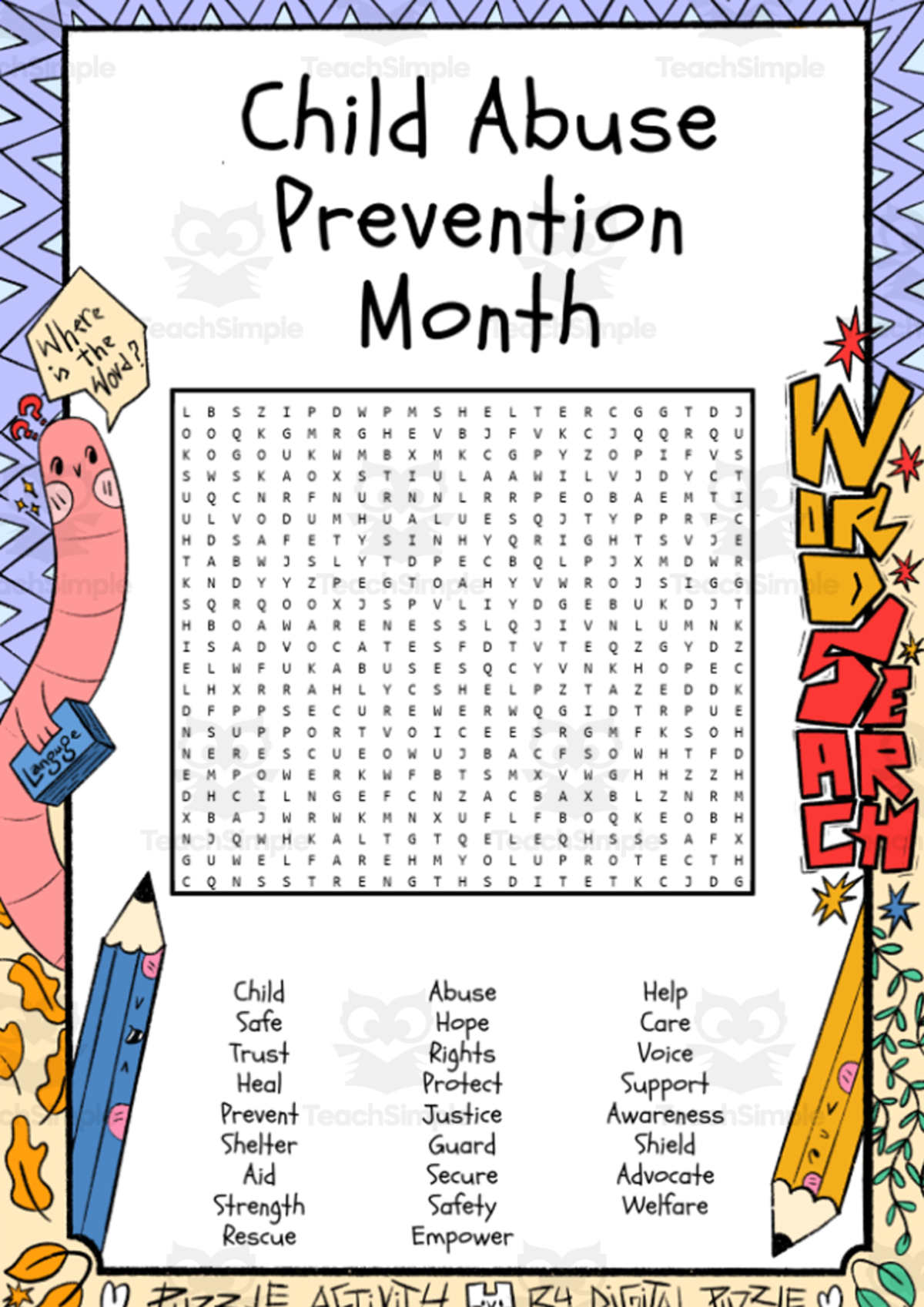 An educational teaching resource from Lapiiin Art Activities entitled Child Abuse Prevention Month word search puzzle worksheet activity downloadable at Teach Simple.