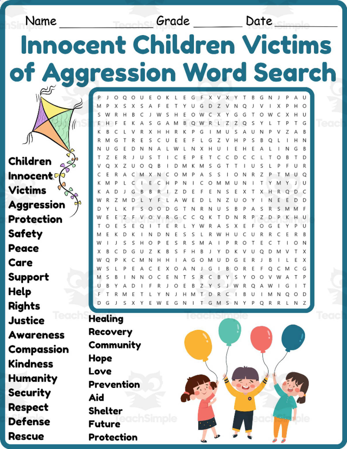 An educational teaching resource from Classsimple entitled Children Victims of Aggression Word Search 2nd 3rd 4th 5th grade downloadable at Teach Simple.