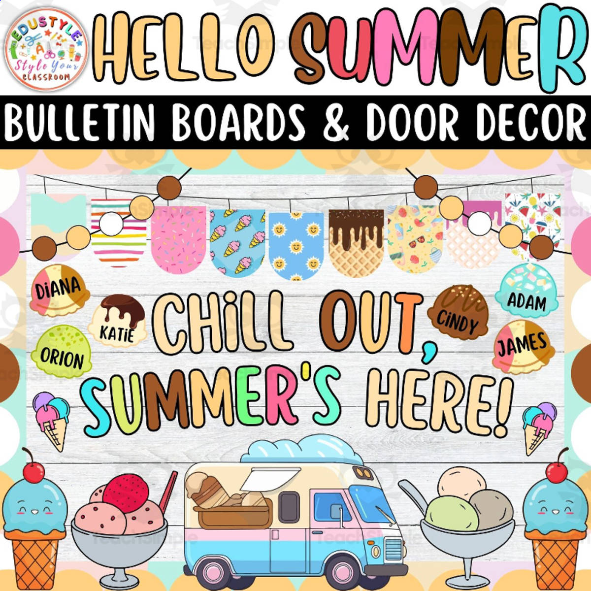 An educational teaching resource from Style Your Classroom entitled Chill Out, Summer's Here!: Summer Bulletin boards And door Decor kit downloadable at Teach Simple.
