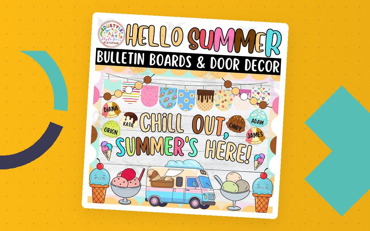 An educational teaching resource from Style Your Classroom entitled Chill Out, Summer's Here!: Summer Bulletin boards And door Decor kit downloadable at Teach Simple.